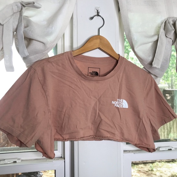 The North Face Cropped Pink Tee Cutoff Short Sleeve Never Stop Exploring Print - Picture 2 of 5